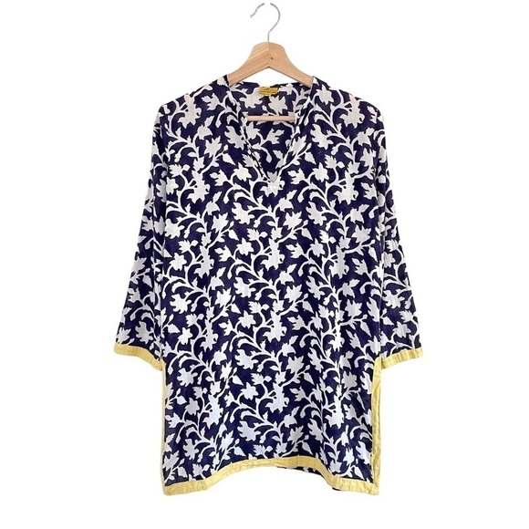Roberta Roller Rabbit Cotton Kurta Tunic Boho Blouse Blue White Floral Small - Picture 1 of 13